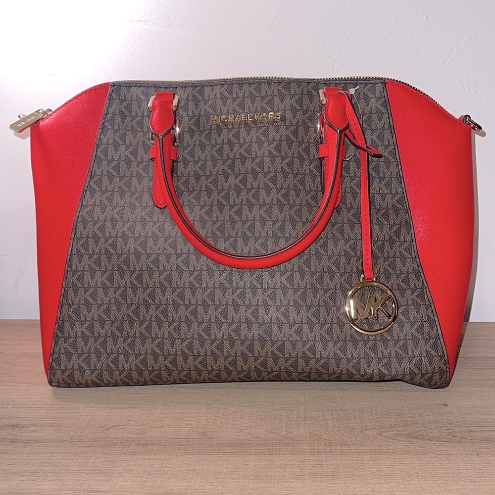 Authentic Michael Kors, handbag, tote bag, shoulder bag. Color, red and brown.